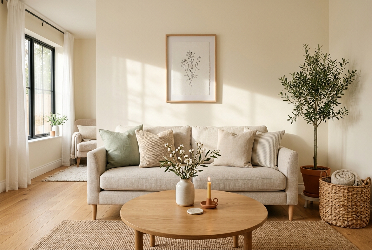Beautifully styled and clean living room filled with warm morning light
