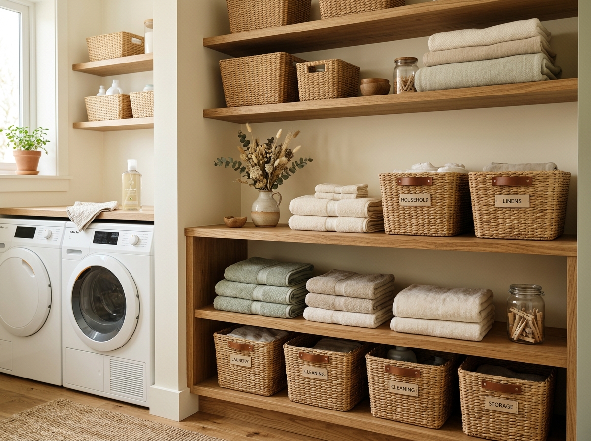 Organized oak utility shelving with wicker baskets