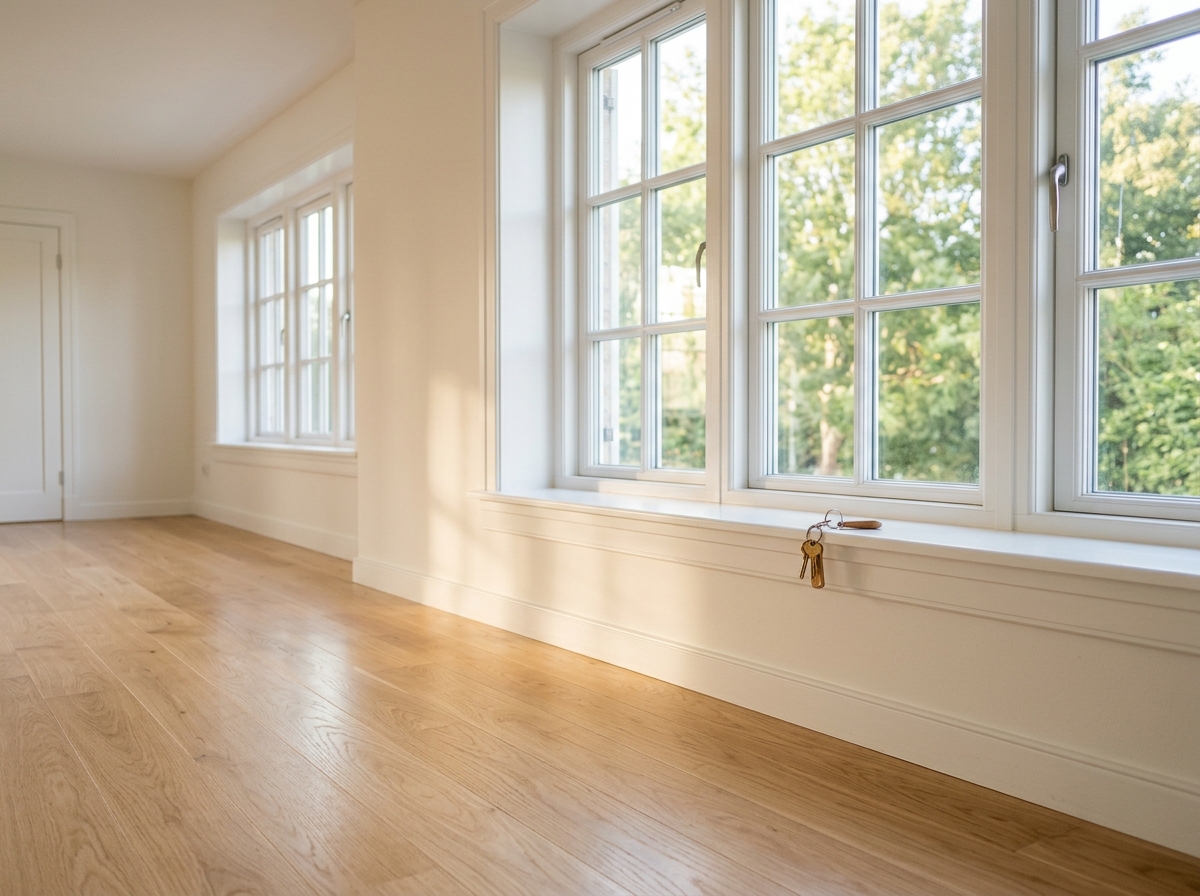 Bright, empty sunlit room with clean hardwood floors