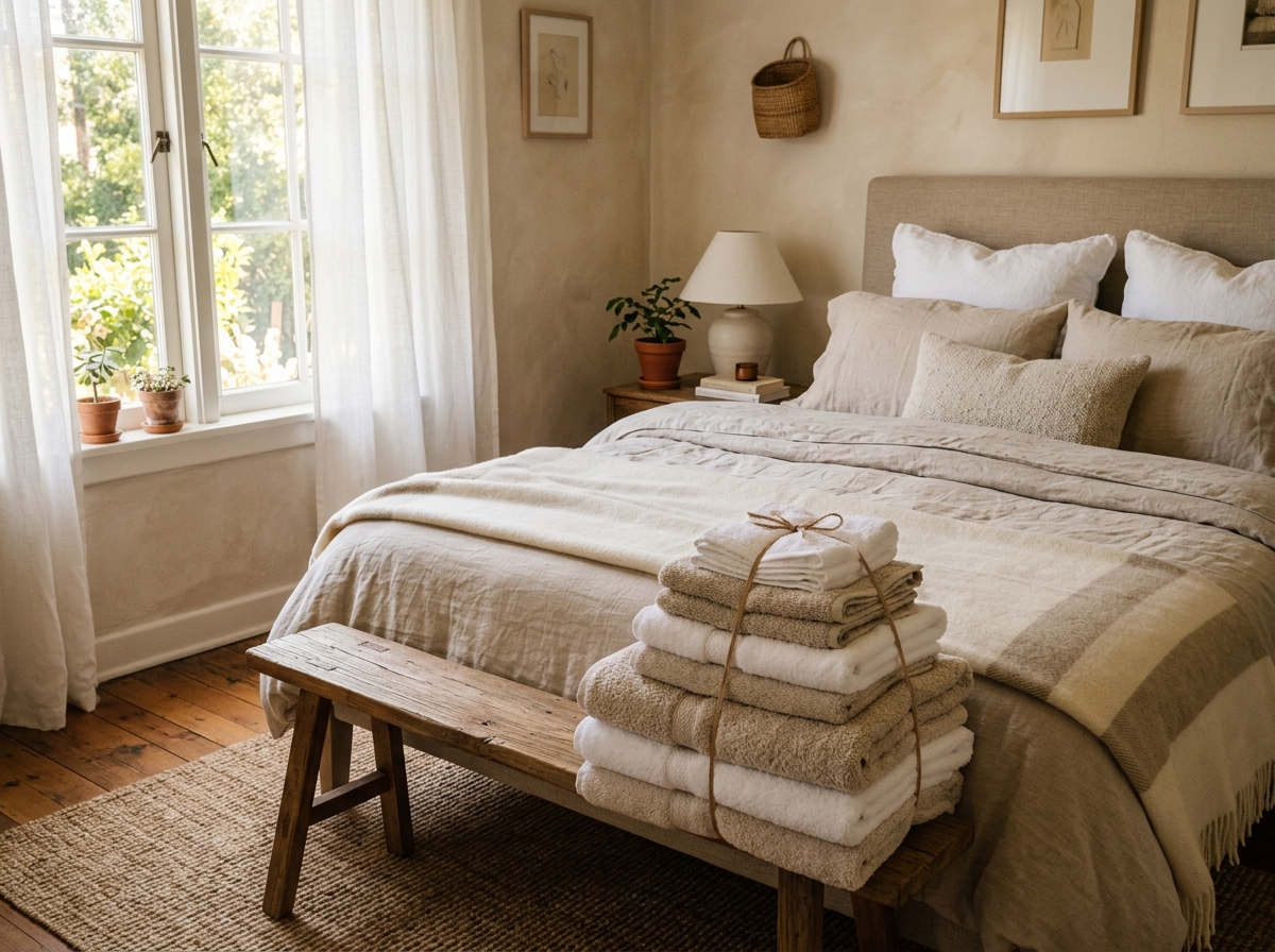 Crisp clean bedroom linen and towels